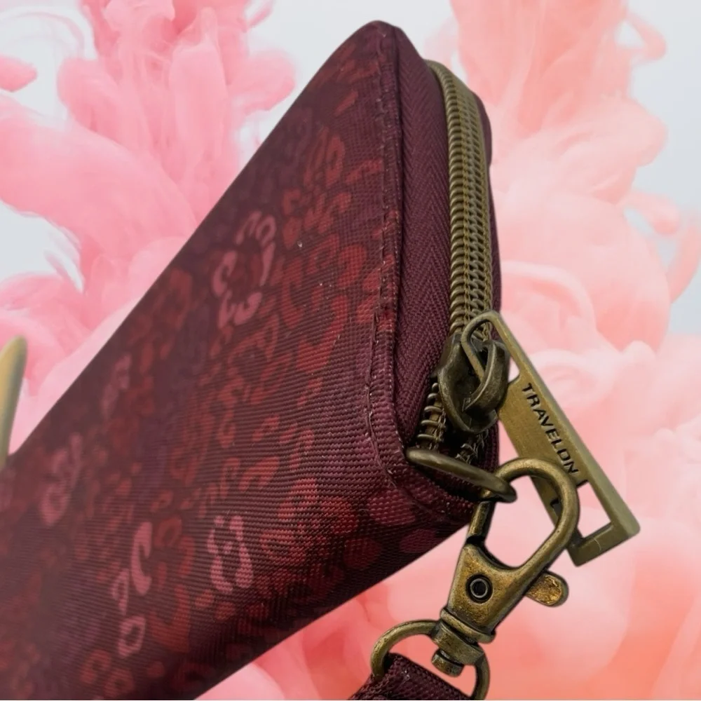 Travelon RFID Blocking Single Zip Wallet Floral Burgundy Rose Design